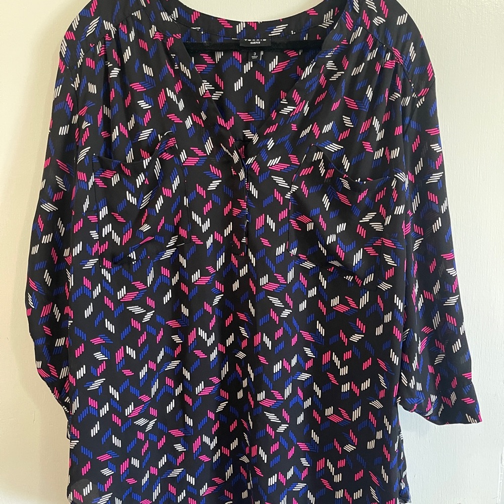 torrid Black Blouse with Pink, Blue & White Geometric Print
